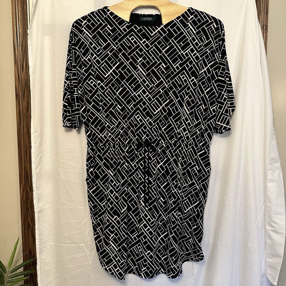 Lauren Ralph Lauren Women Plus Size 3X Black White Pattern Mini‎ Dress Tie Waist